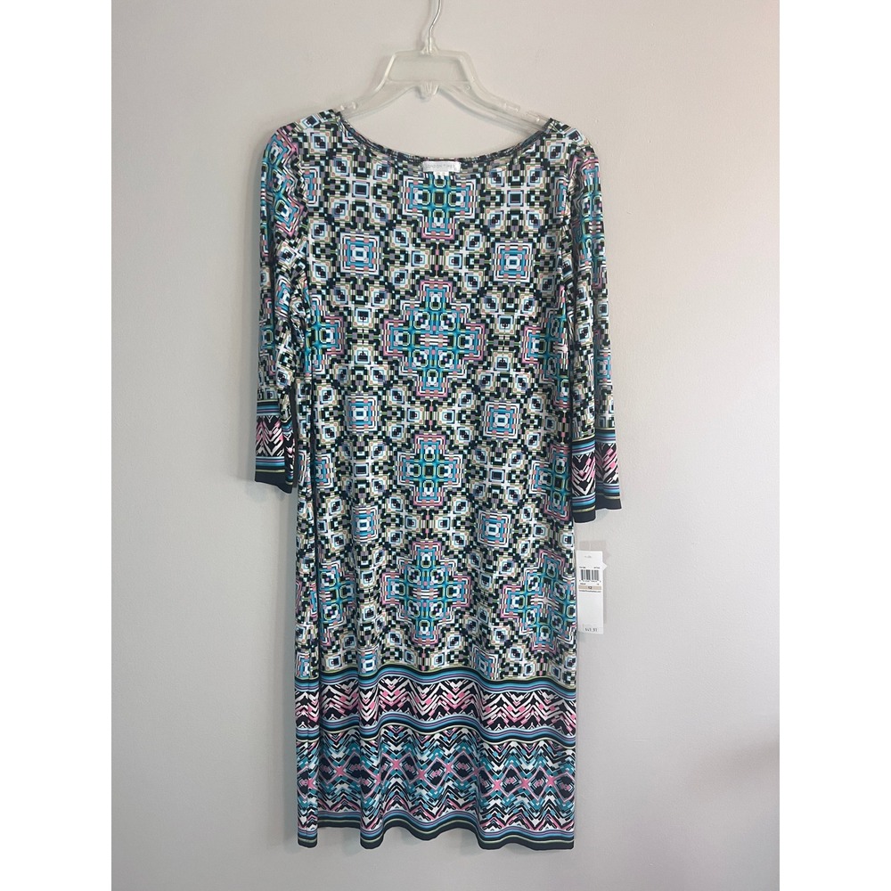 London Times Women Aqua Geometric Mosaic Print 3/4 Sleeve Sheath Dress 12 T2715M